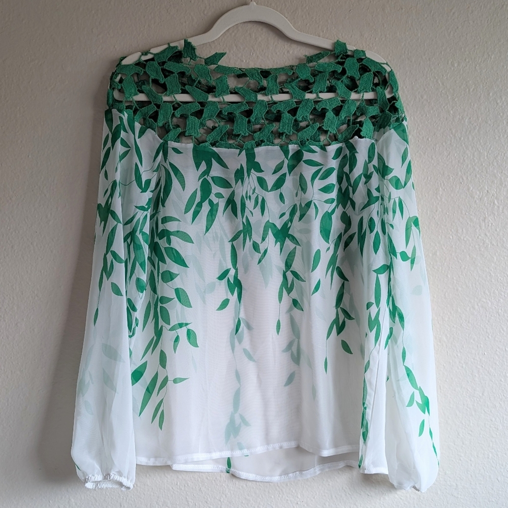 Chiffon and Lace Leaf Blouse in White and Green - M/L